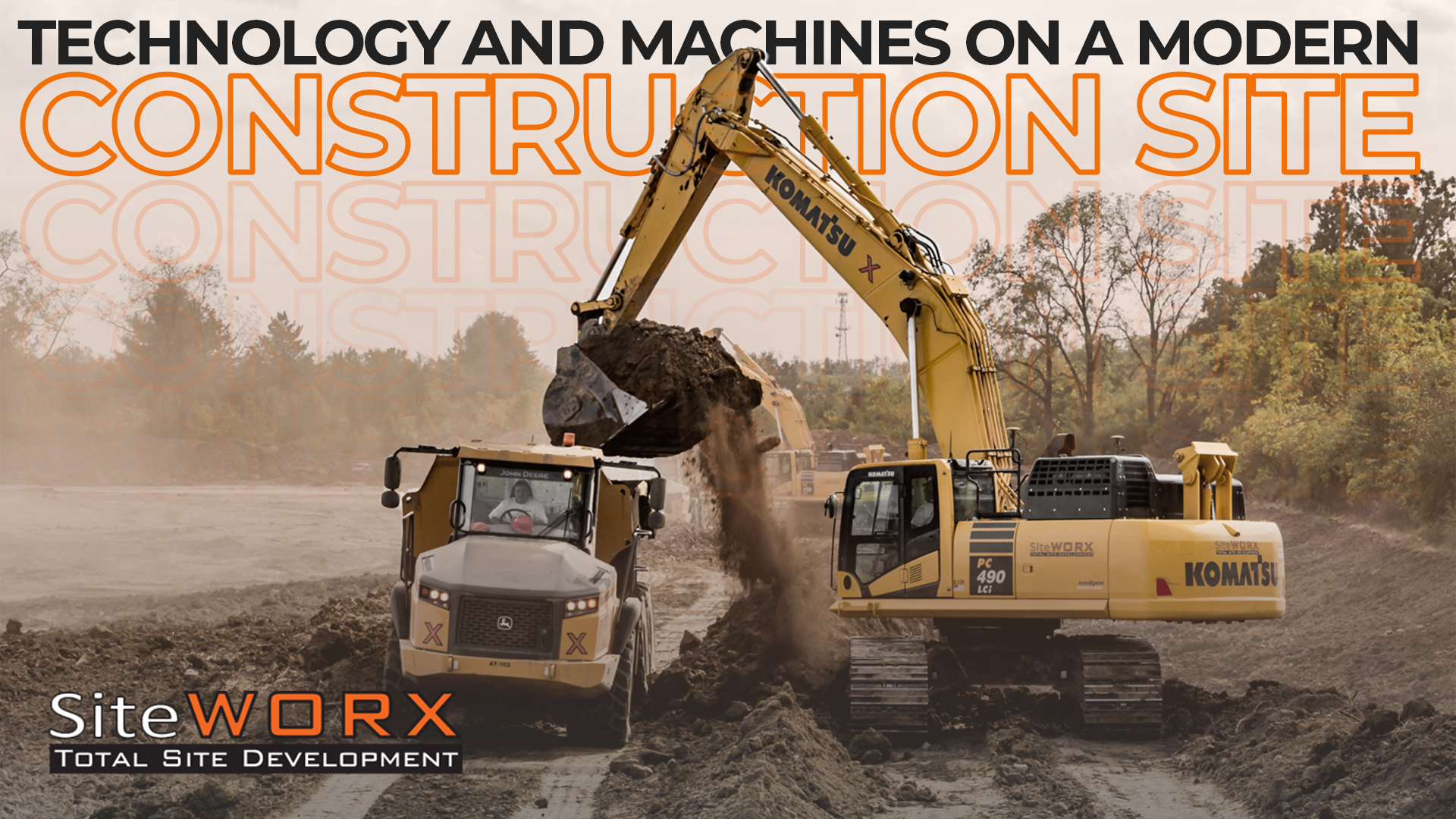 Construction equipment shoveling dirt with the text "Technology and Machines on a Modern Construction Site"